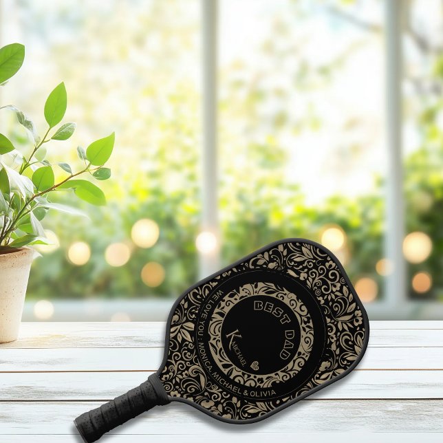 Personalisiertes Schwarz-Glattmuster-Monogramm Pickleball Schläger (Personalized Black Gold Floral Pattern Monogram Pickleball Paddle)