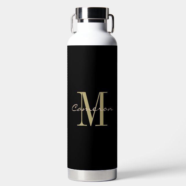 Personalisiertes Schwarz-Gold Monogramm-Geschenk Trinkflasche (Vorderseite)