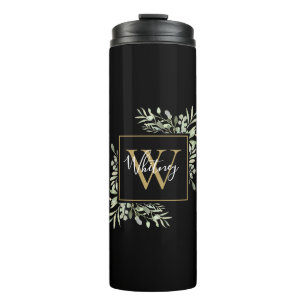 Personalisiertes Schwarz-Gold-Monogramm Greenery F Thermosbecher