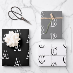 Personalisiertes schwarz-grauweißes Monogramm Geschenkpapier Set