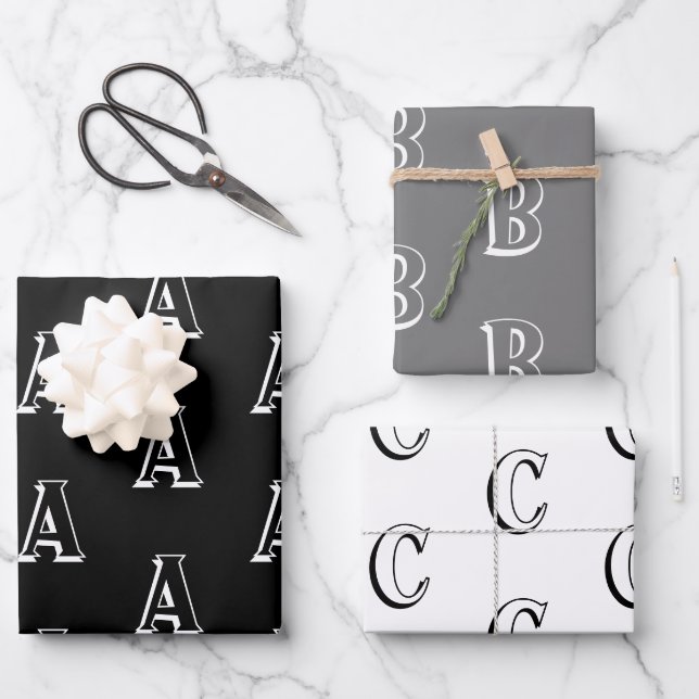 Personalisiertes schwarz-grauweißes Monogramm Geschenkpapier Set (Vorderseite)
