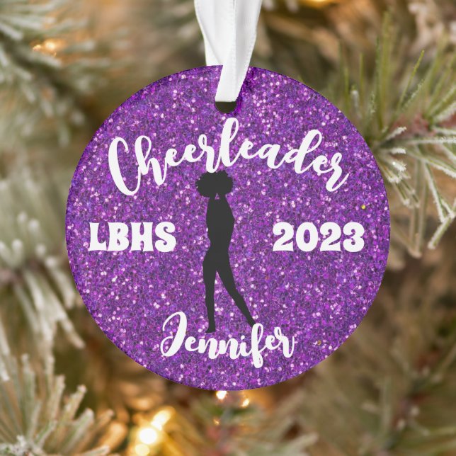 Personalisiertes Schwarz & Lila Cheerleader Orname Ornament (Baum)