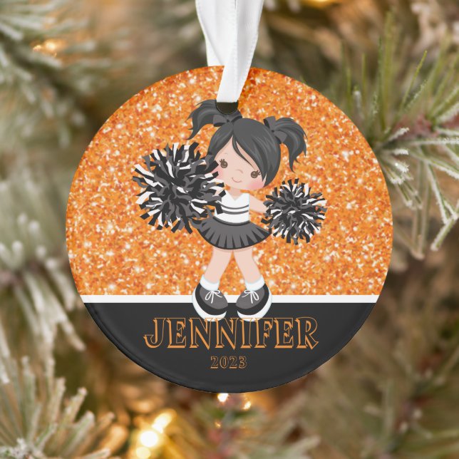 Personalisiertes Schwarz & Orange Cheerleader Orna Ornament (Baum)