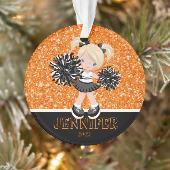 Personalisiertes Schwarz & Orange Cheerleader Orna Ornament (Baum)