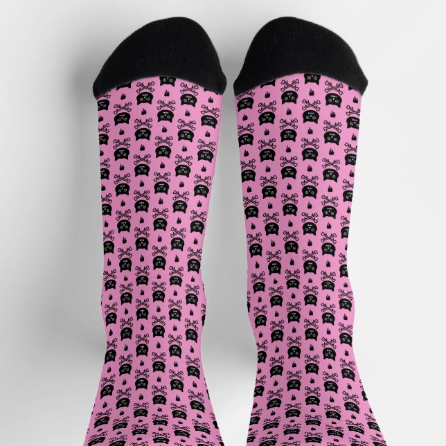 Personalisiertes Schwarz/Rosa Schädelmuster Socken (Oben)