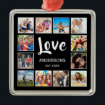 Personalisiertes Schwarz-Schwarz-FotoCollage für b Ornament Aus Metall<br><div class="desc">Erstellen Sie Ihre eigene personalisierte 12-Foto-Collage,  Weihnachtsfeiertagsschmuck mit Ihren individuellen Bildern auf einem einfachen,  modernen schwarzen Hintergrund. Die Weihnachtsschmuckfigur enthält auch Ihren Familiennamen,  das etablierte Jahr und eine handgeschriebene "Liebe". Fügen Sie Ihre Lieblings-Fotos,  Designs oder Kunstwerke,  um etwas wirklich Einzigartiges zu schaffen.</div>
