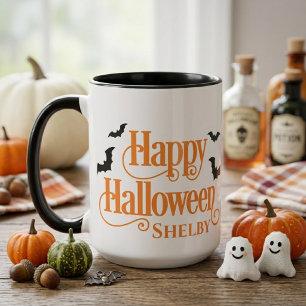 Personalisiertes Schwarz und Orange Frohes Hallowe Tasse