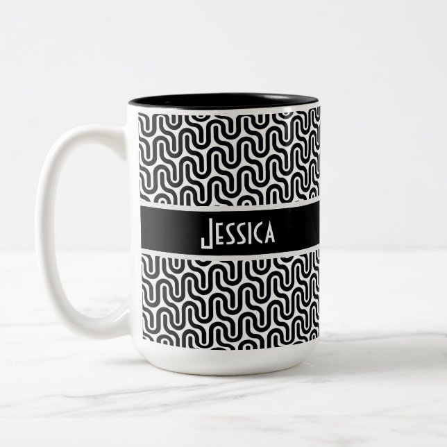 Personalisiertes Schwarz-Weiß-Retro-Muster Zweifarbige Tasse (Links)