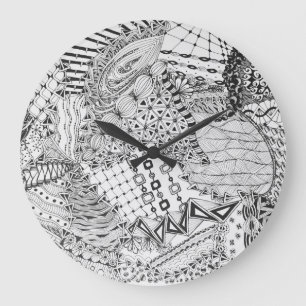 Personalisiertes Schwarz-Weiß-Zendoodle-Tangle-ZIA Große Wanduhr