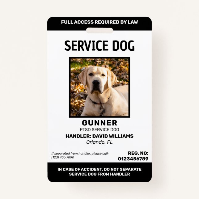 Personalisiertes Schwarz-weißes Service-Dog-Foto Ausweis (Vorderseite)