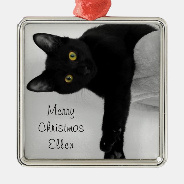 Personalisiertes schwarze Katzen-Weihnachten Silbernes Ornament (Vorne)