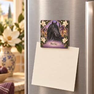 Personalisiertes Schwarzes Andalusier Pferd Lila Magnet