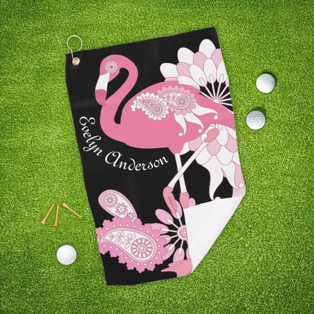 Personalisiertes Schwarzes Rosa Flamingo Golfhandtuch (Von Creator hochgeladen)