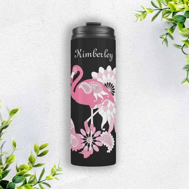 Personalisiertes Schwarzes Rosa Flamingo Thermosbecher (Von Creator hochgeladen)