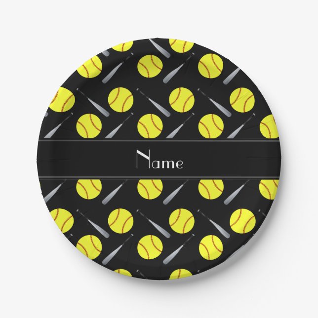 Personalisiertes schwarzes Softballnamensmuster Pappteller (Vorderseite)