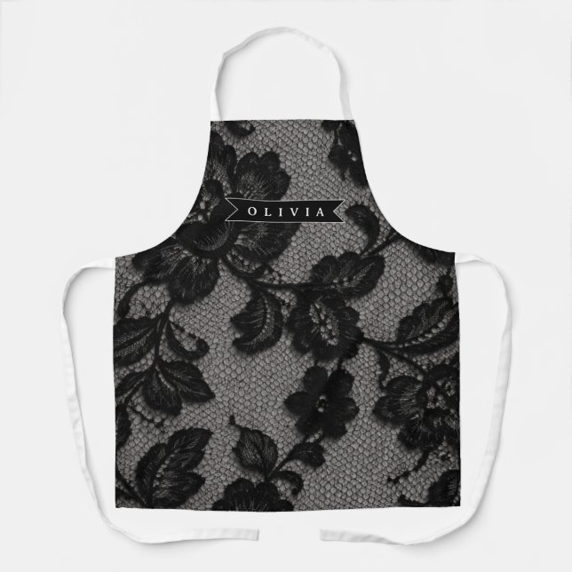 Personalisiertes schwarzes Spitzen Blumen- Monogra Schürze (Vorderseite)