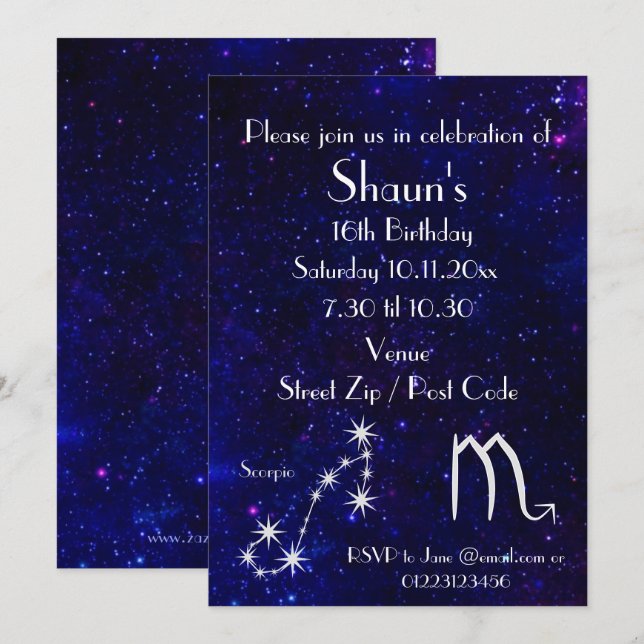Personalisiertes Scorpio Zodiac Galaxy Party Einladung (Vorne/Hinten)