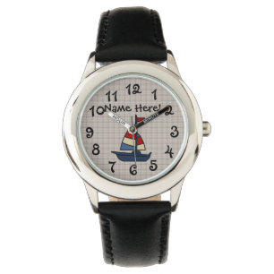 Personalisiertes Seesegelboot-Blau/TAN-Jungen Armbanduhr