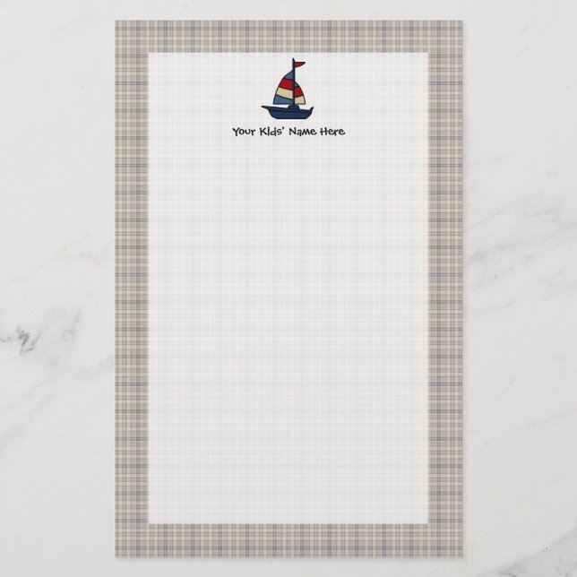 Personalisiertes Seesegelboot-Blau/TAN-Jungen Briefpapier (Vorderseite)