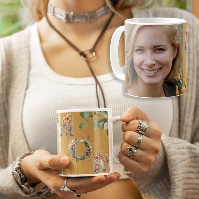 Personalisiertes Senf-MAMA-Foto Kaffeetasse (Personalized Mustard Floral MOM Photo Coffee Mug)