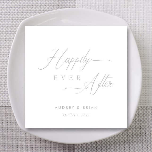 Personalisiertes Silber "glücklich immer nach" Hoc Serviette (Silver on White Happily Ever After Wedding Napkins)