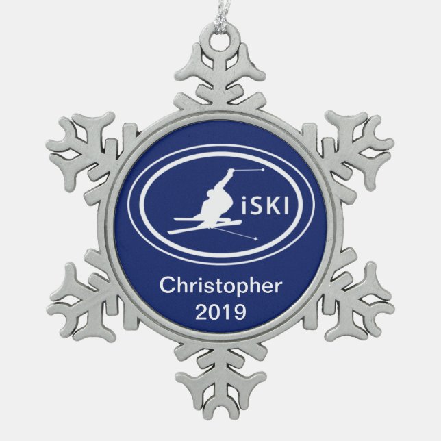 Personalisiertes Skifahren iSKI Oval Schneeflocken Zinn-Ornament (Vorderseite)