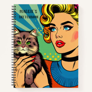 Personalisiertes Skizzenbuch   Retro-Dame und Katz Notizbuch