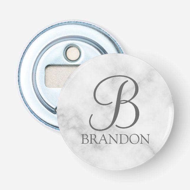 Personalisiertes Skriptmonogramm und Name aus weiß Flaschenöffner (Vorderseite)