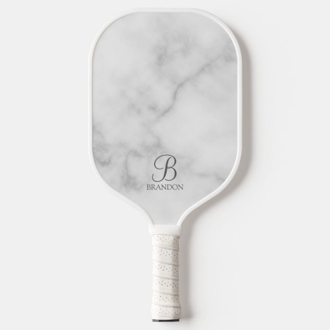 Personalisiertes Skriptmonogramm und Name aus weiß Pickleball Schläger (Vorderseite)