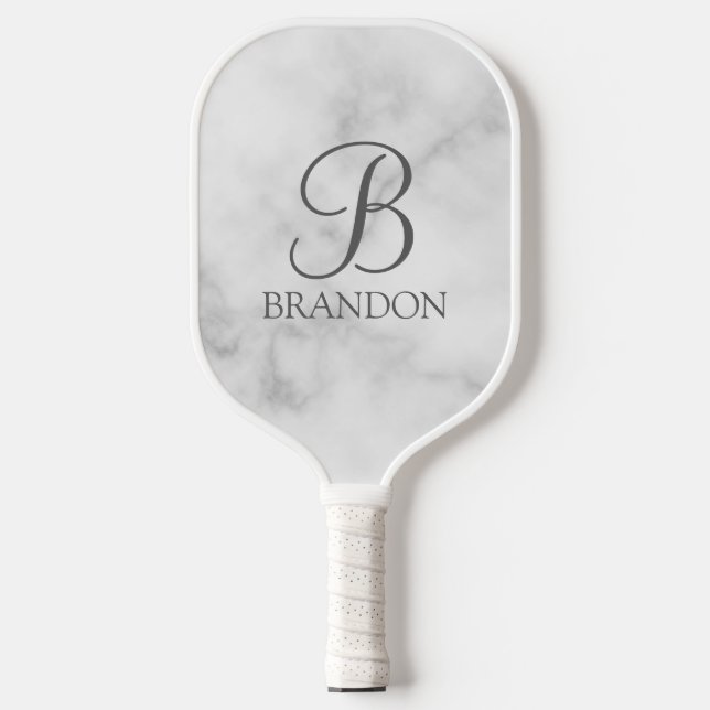 Personalisiertes Skriptmonogramm und Name aus weiß Pickleball Schläger (Vorderseite)