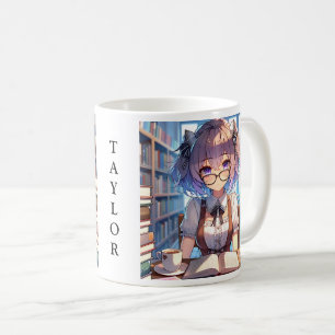 Personalisiertes Smart Anime Girl in der Bibliothe Kaffeetasse