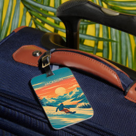 Personalisiertes Snowboard-Berg-Sonnenuntergang-Na Gepäckanhänger