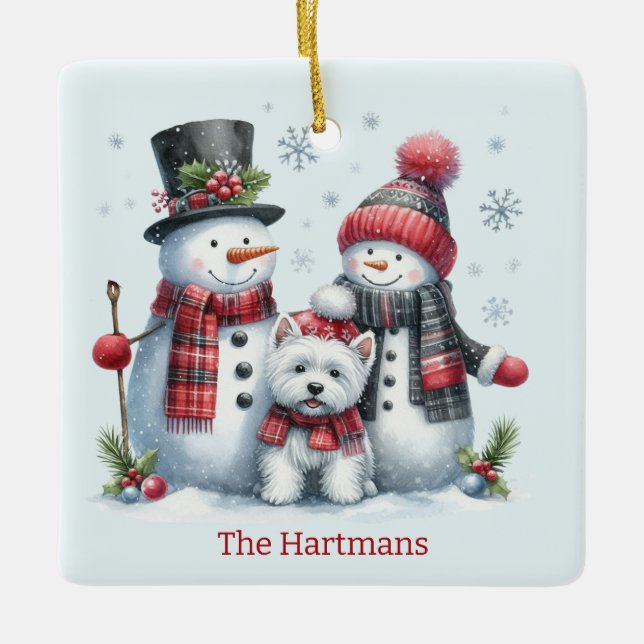 Personalisiertes Snowman Couple mit Westie Ornamen Keramikornament (Vorderseite)