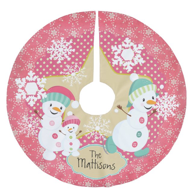 Personalisiertes Snowman Family Holiday Tree Skirt Polyester Weihnachtsbaumdecke (Vorderseite)