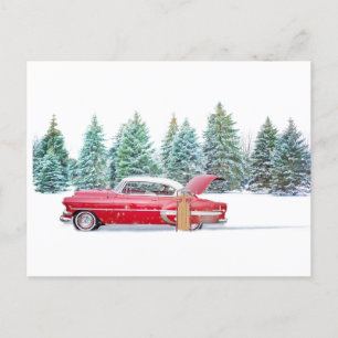Personalisiertes Snowy Winter's Day Vintage Car. Feiertagspostkarte