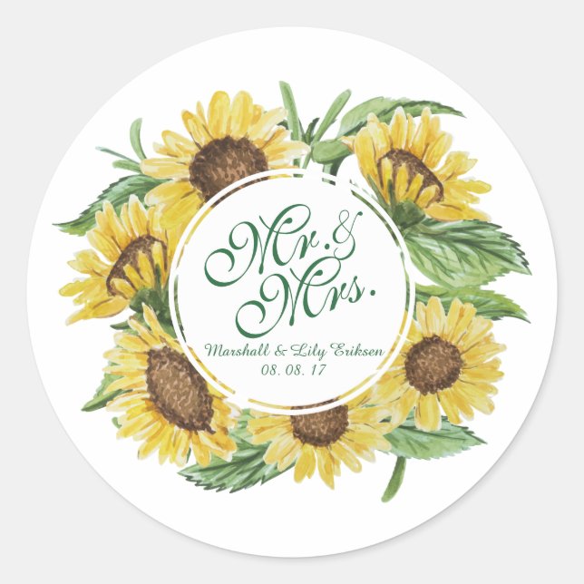 Personalisiertes Sonnenblumenkraut-Hochzeitsticker Runder Aufkleber (Vorderseite)