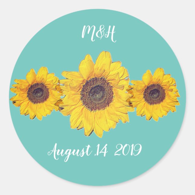 personalisiertes Sonnenblumentrio - Hochzeit auf B Runder Aufkleber (Vorderseite)