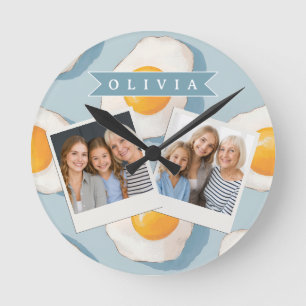 Personalisiertes Spiegelei-Muster Spaß Blau Lustig Runde Wanduhr