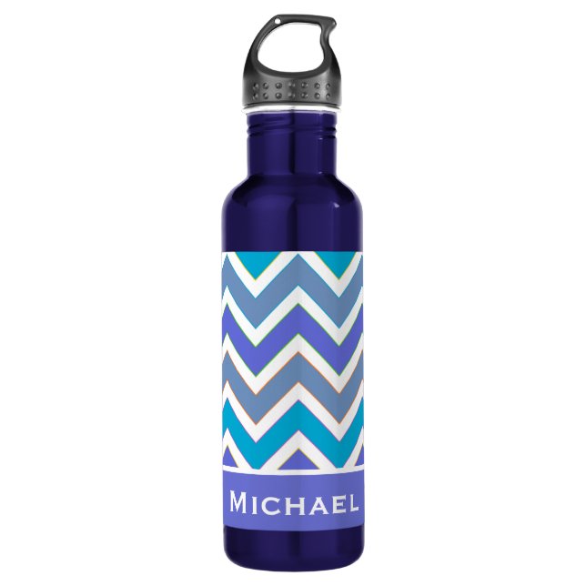 Personalisiertes Sporty Blue Zickzack Muster Edelstahlflasche (Vorderseite)