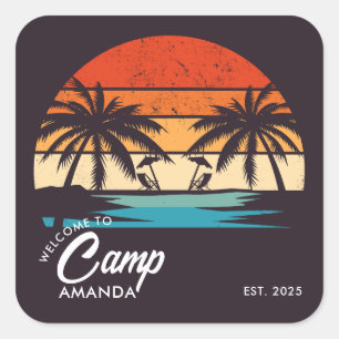 Personalisiertes Strandcamp-Junggesellinnenabschie Quadratischer Aufkleber