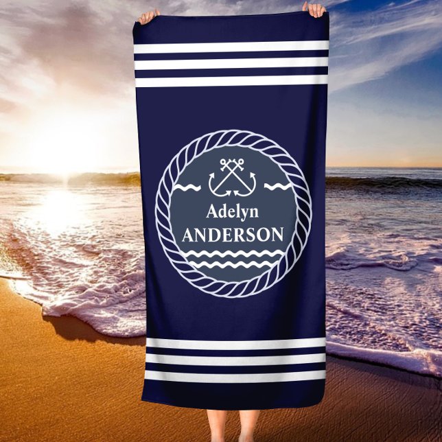 Personalisiertes Strandhandtuch für die Marine (Navy Anchor and Rope Personalized Beach Towel)