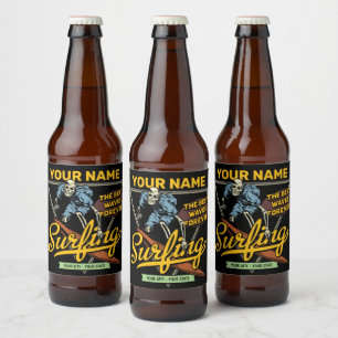 Personalisiertes Surfen Skelett Reitet Wellen Surf Bierflaschenetikett