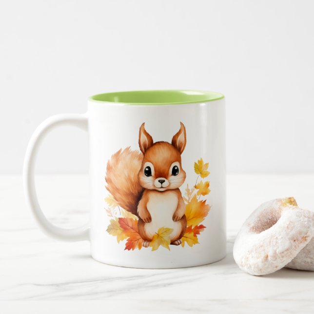 Personalisiertes Süße Tier Eichhörnchen Herbstleaa Zweifarbige Tasse (Mit Donut)