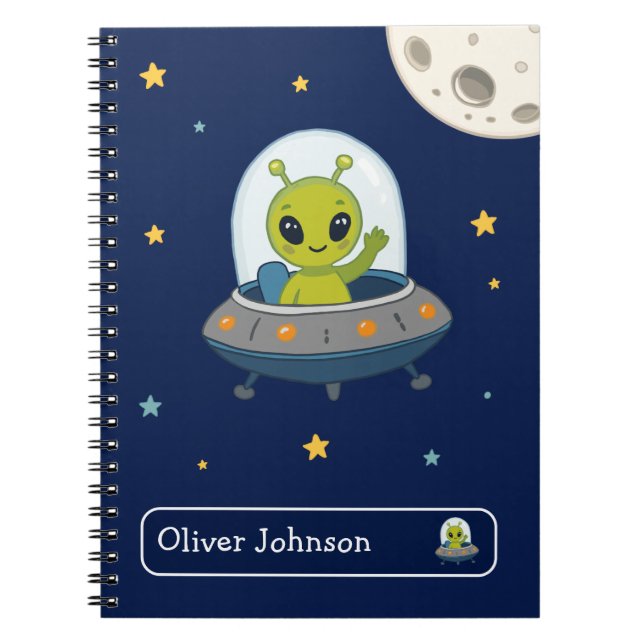 Personalisiertes süßes Alien-Space-Mond-Name-Schul Notizblock (Vorderseite)