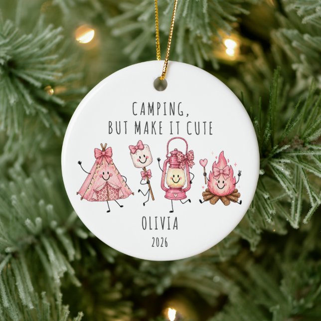 Personalisiertes süßes Camping-Mädchen  Keramik Ornament (Baum)