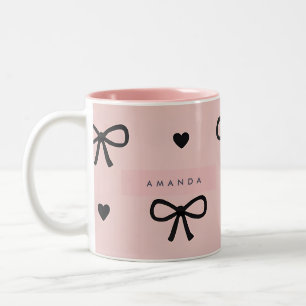 Personalisiertes Süßes Chic Rosa Schleife & Herz M Zweifarbige Tasse