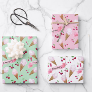 Personalisiertes süßes Kirscheis im Retro-Pastelll Geschenkpapier Set