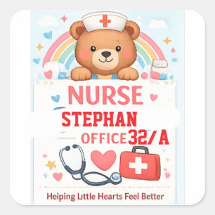 Personalisiertes süßes Krankenpfleger-Bär-Schild, Quadratischer Aufkleber