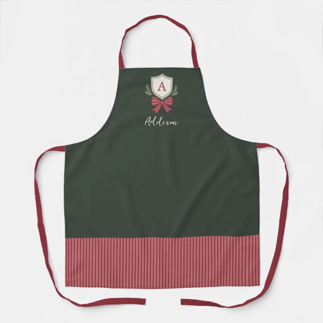 Personalisiertes süßes Monogramm Grün-Rot-Schleife Schürze (Vorderseite)