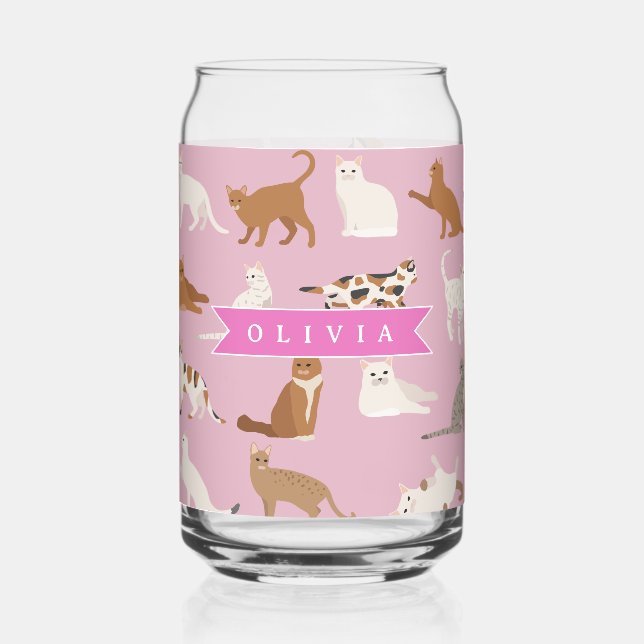 Personalisiertes süßes rosa Katzenmuster-Geschenk  Dosenglas (Vorderseite)